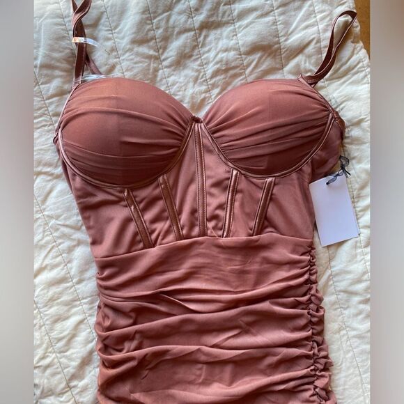 IRIS mini dress light brown  with spaghetti straps top corset type ruched New - Picture 7 of 10